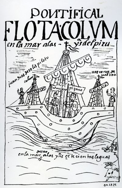 La nave di Cristoforo Colombo in viaggio verso il Perù da Felipe Huaman Poma de Ayala